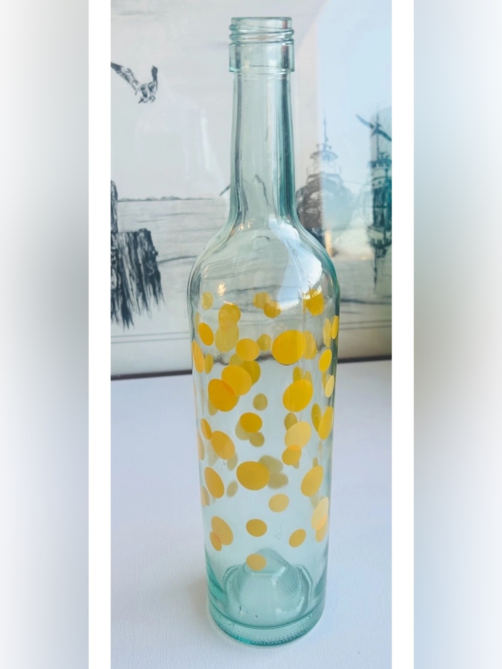 Vintage Mod Dot Yellow Polka Dot Blue Tinted Wine Bottle 750ml 12.5” MCM Italy